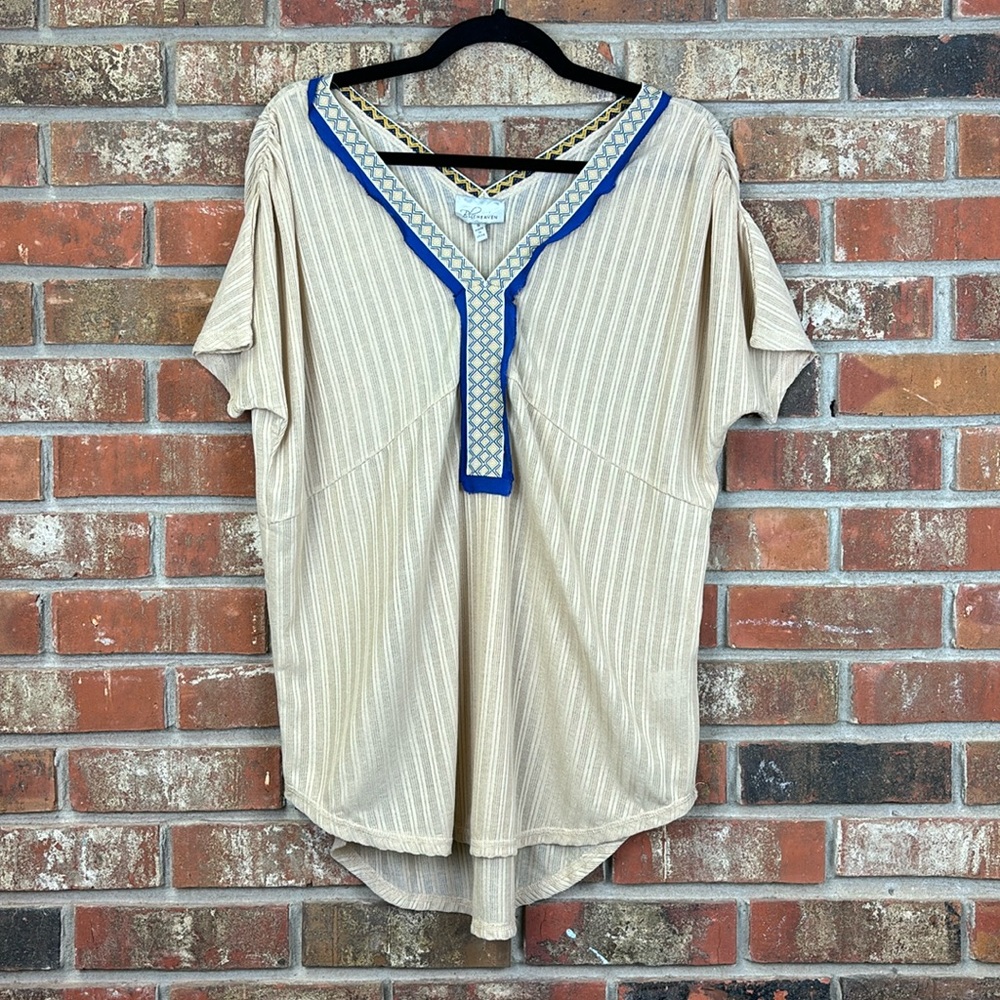 Blu Heaven Tan Blue V Neck Blouse Top Small NWT